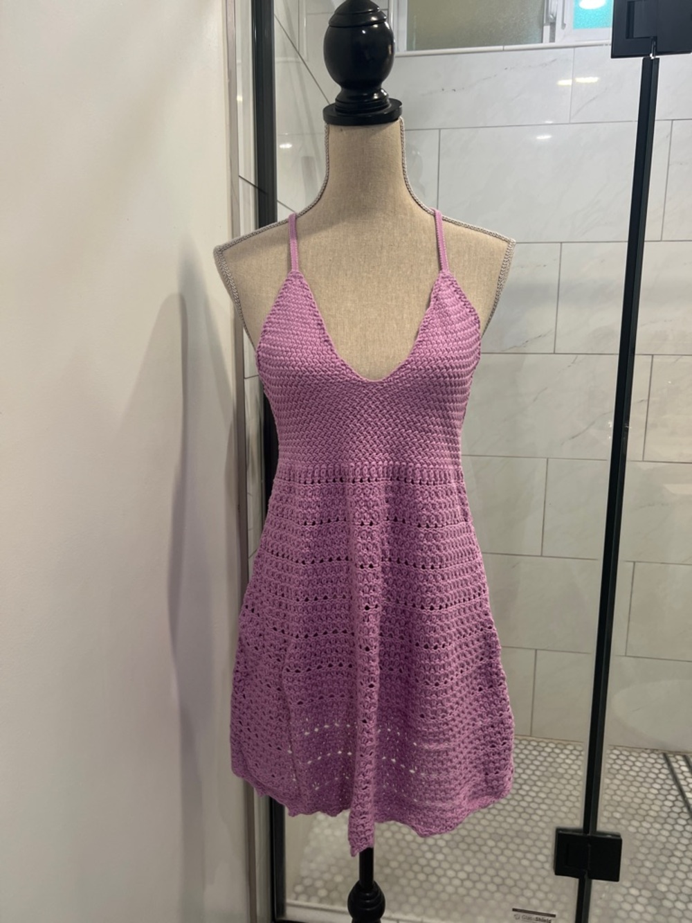 Crochet Halter Swim Coverup Dress in Lavender